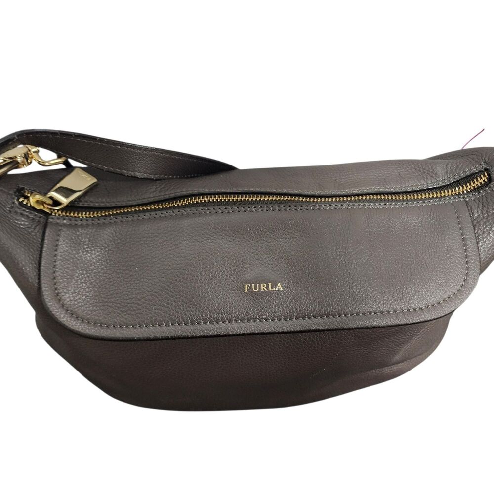 Furla Pebbled Leather Shoulder Bag Gray Gold Hardware Zip Top Hobo Purse - Picture 3 of 8